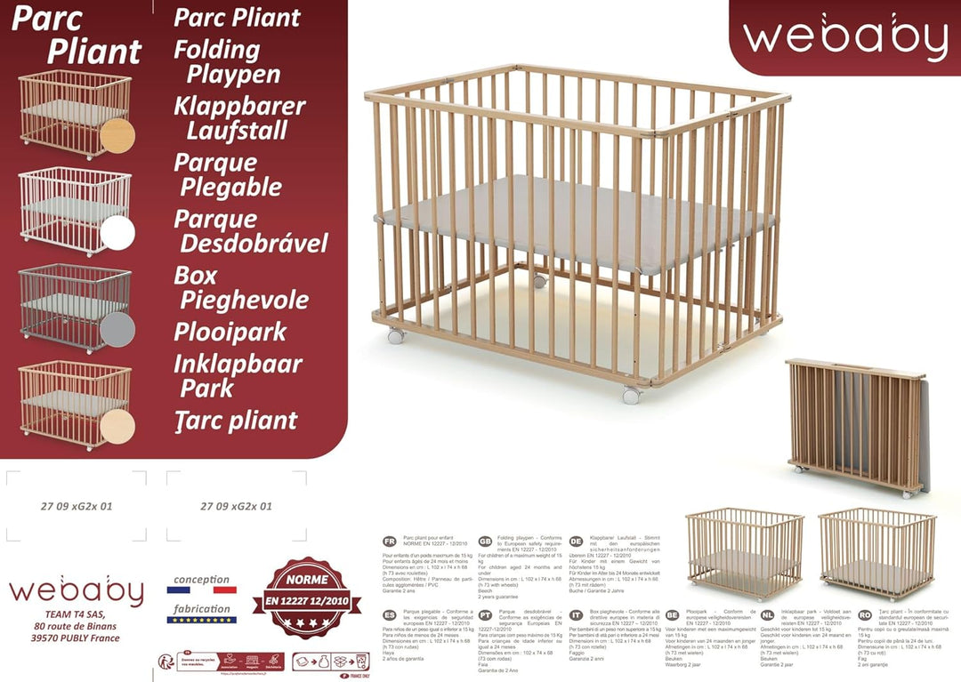 WEBABY - Laufstall Baby Faltbar Holz mit rollen und matte70x100 Weiss | Faltbarer Laufstall | 3 Stuf