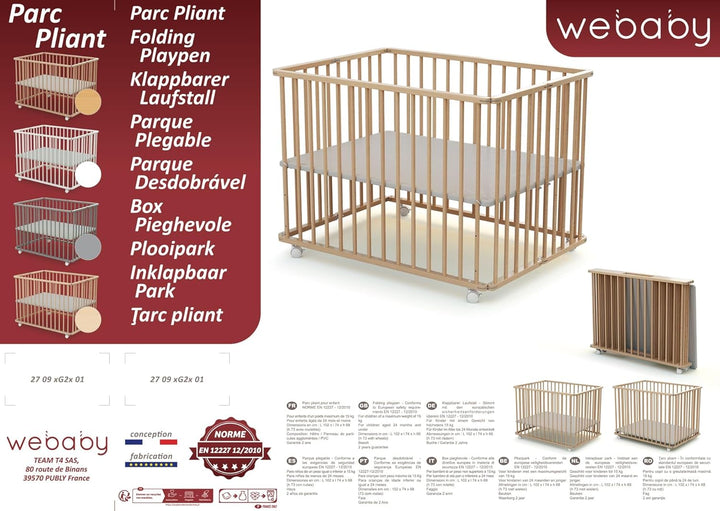 WEBABY - Laufstall Baby Faltbar Holz mit rollen und matte70x100 Weiss | Faltbarer Laufstall | 3 Stuf