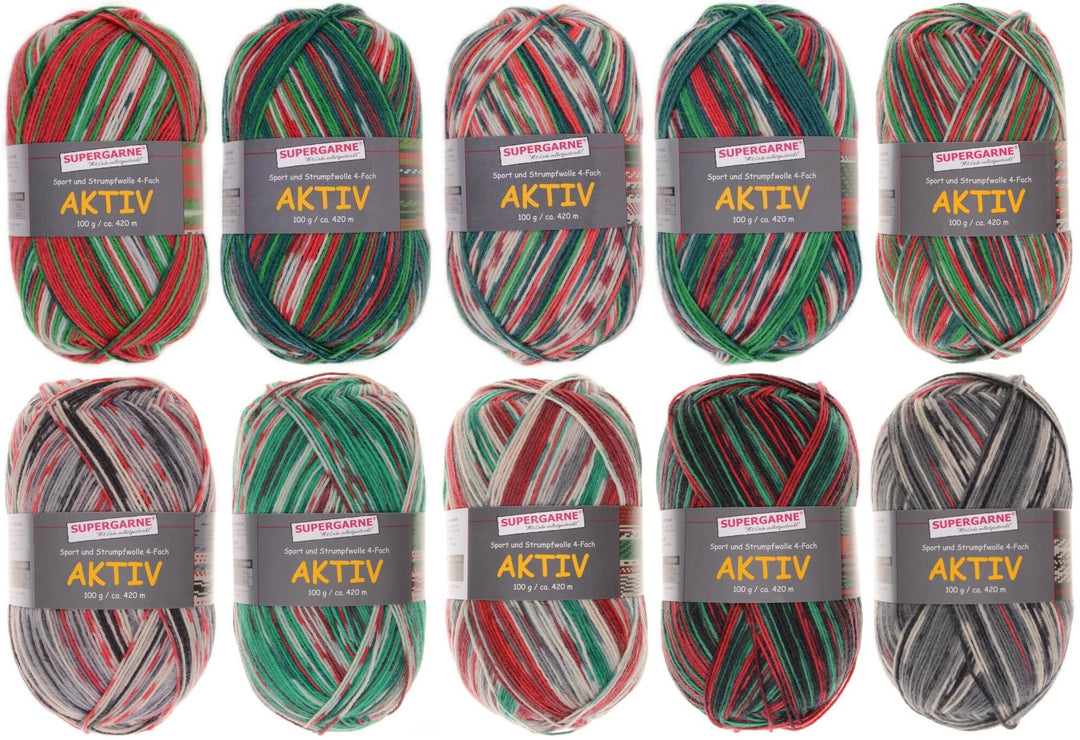 SUPERGARNE Sockenwolle Aktiv 4-fädig – 1000 g (10x100g), Strapazierfähig, Maschinenwaschbar, Made in