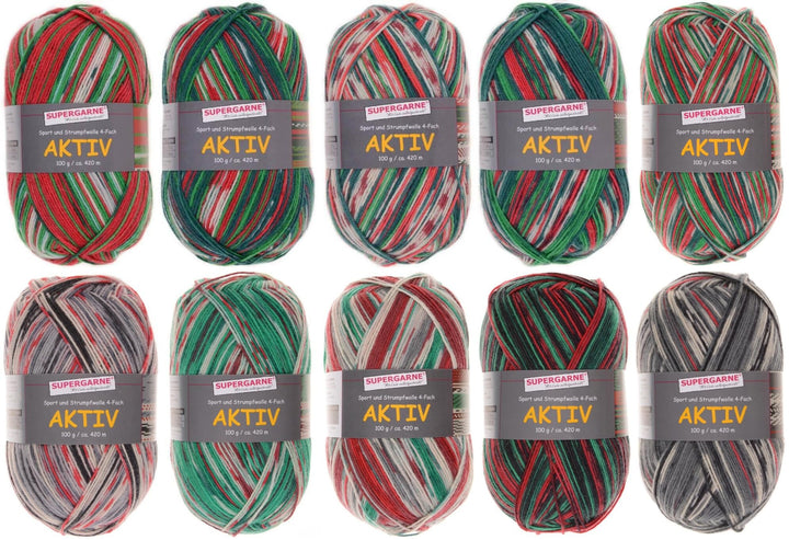 SUPERGARNE Sockenwolle Aktiv 4-fädig – 1000 g (10x100g), Strapazierfähig, Maschinenwaschbar, Made in
