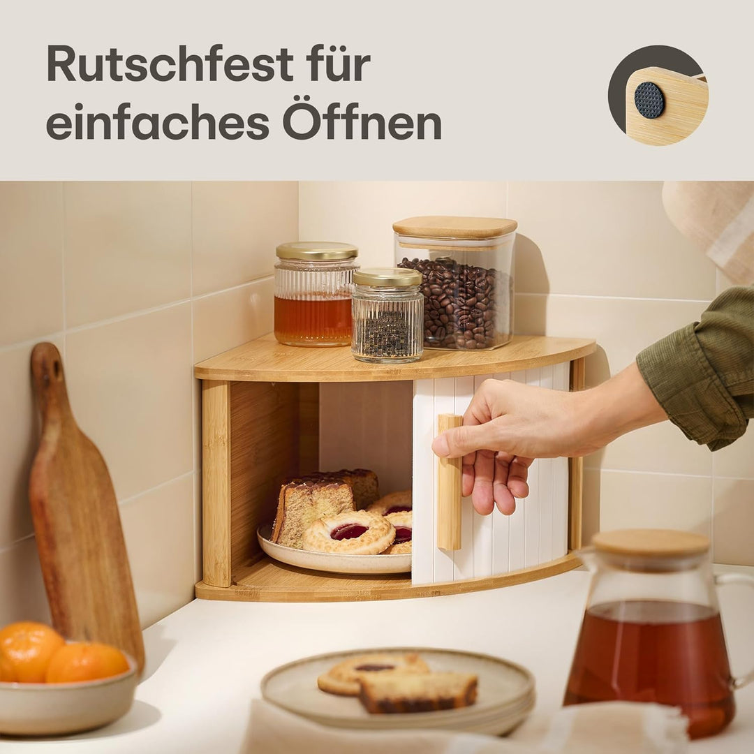 Praknu Brotkasten Ecke Holz mit Schiebetür – Platzsparende Brotbox – Hält Brot länger frisch - Einfa