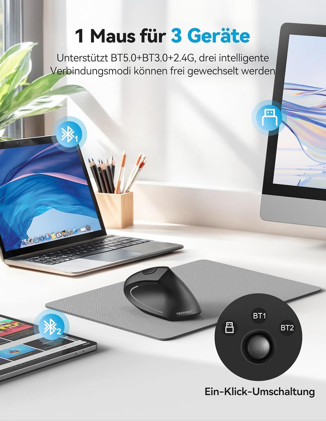 TECKNET Ergonomische Bluetooth Maus, Wiederaufladbar Kabellose Vertikale Maus (BT 5.0/3.0 + 2.4G), 6