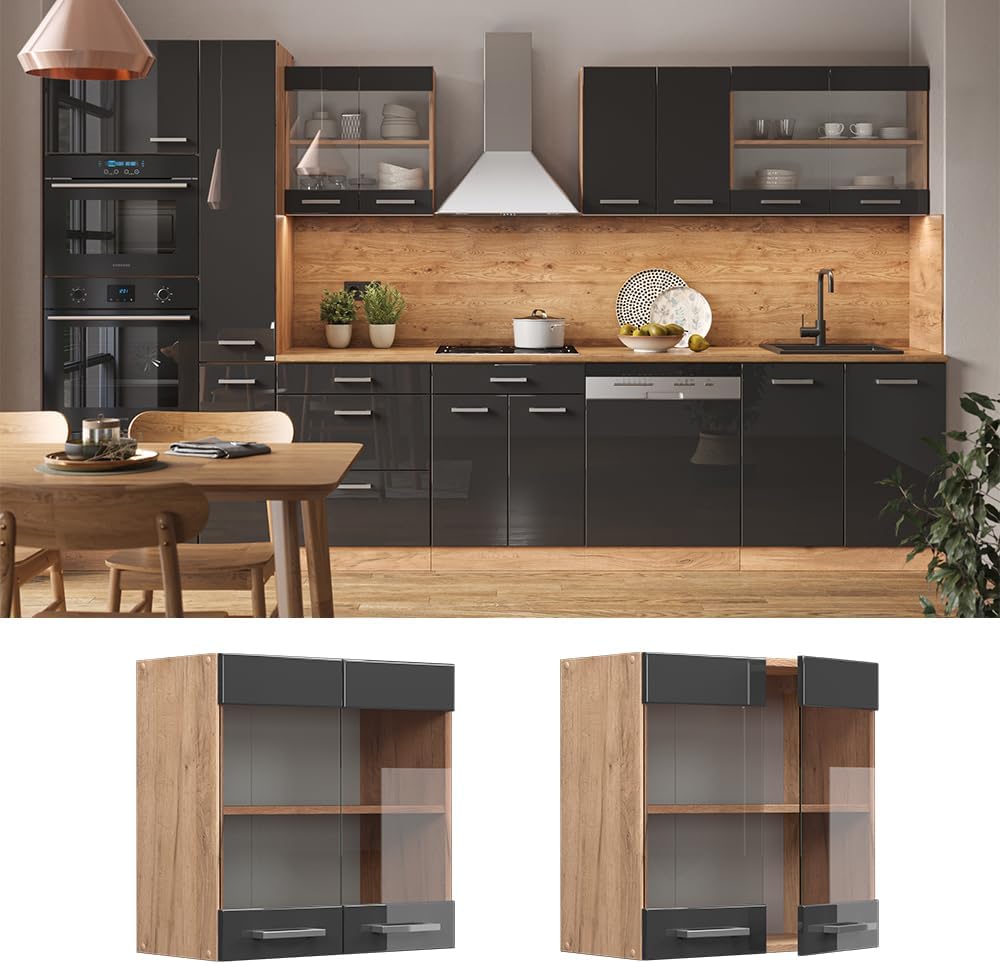Vicco Küchenschrank Glas R-Line, Anthrazit Hochglanz/Goldkraft Eiche, 60 cm Anthrazit Hochglanz Häng