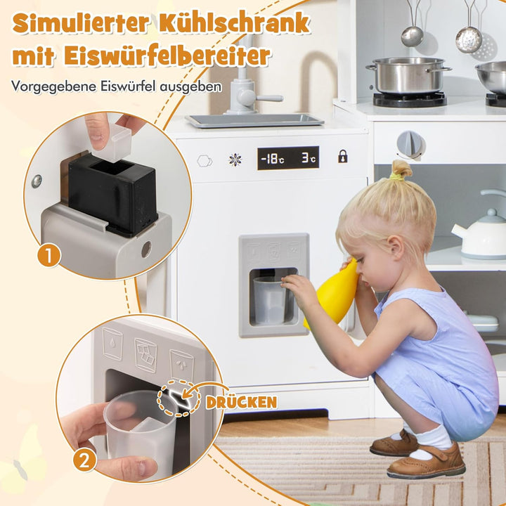 COSTWAY Kinderküche Holz, Spielküche mit Dunstabzugshaube, Spüle, Wasserhahn, Mikrowelle & Ofen, Spi