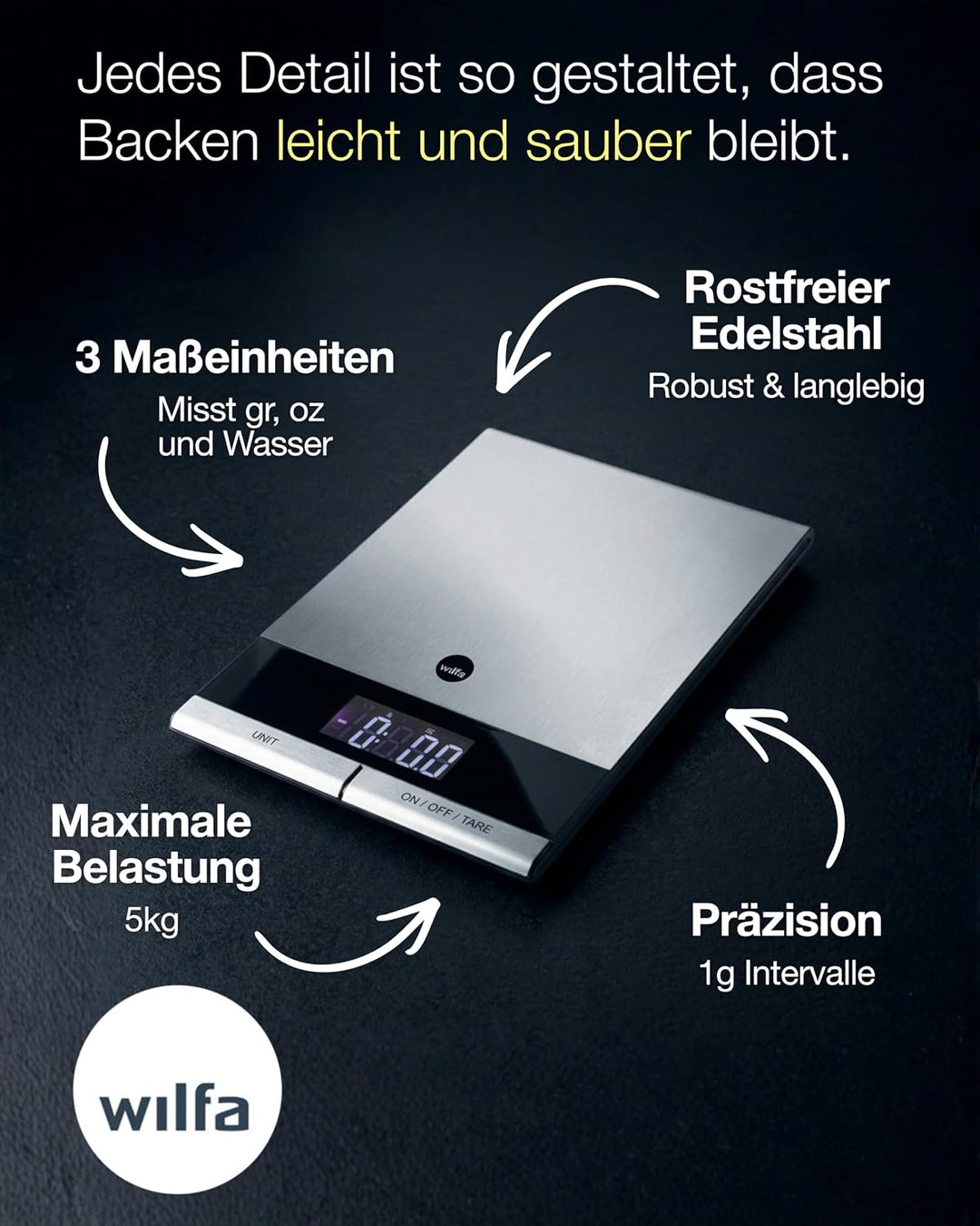 Wilfa GRAM STÅL Küchenwaage - mit einer Kapazität von 5 kg., aus rostfreiem Edelstahl, grosses, gut