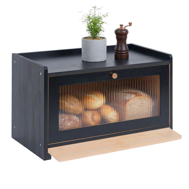 Relaxdays Brotkasten, Bambus, Schneidebrett, Ablage, Luftlöcher, Sichtfenster, HxBxT: 26 x 40 x 25 c