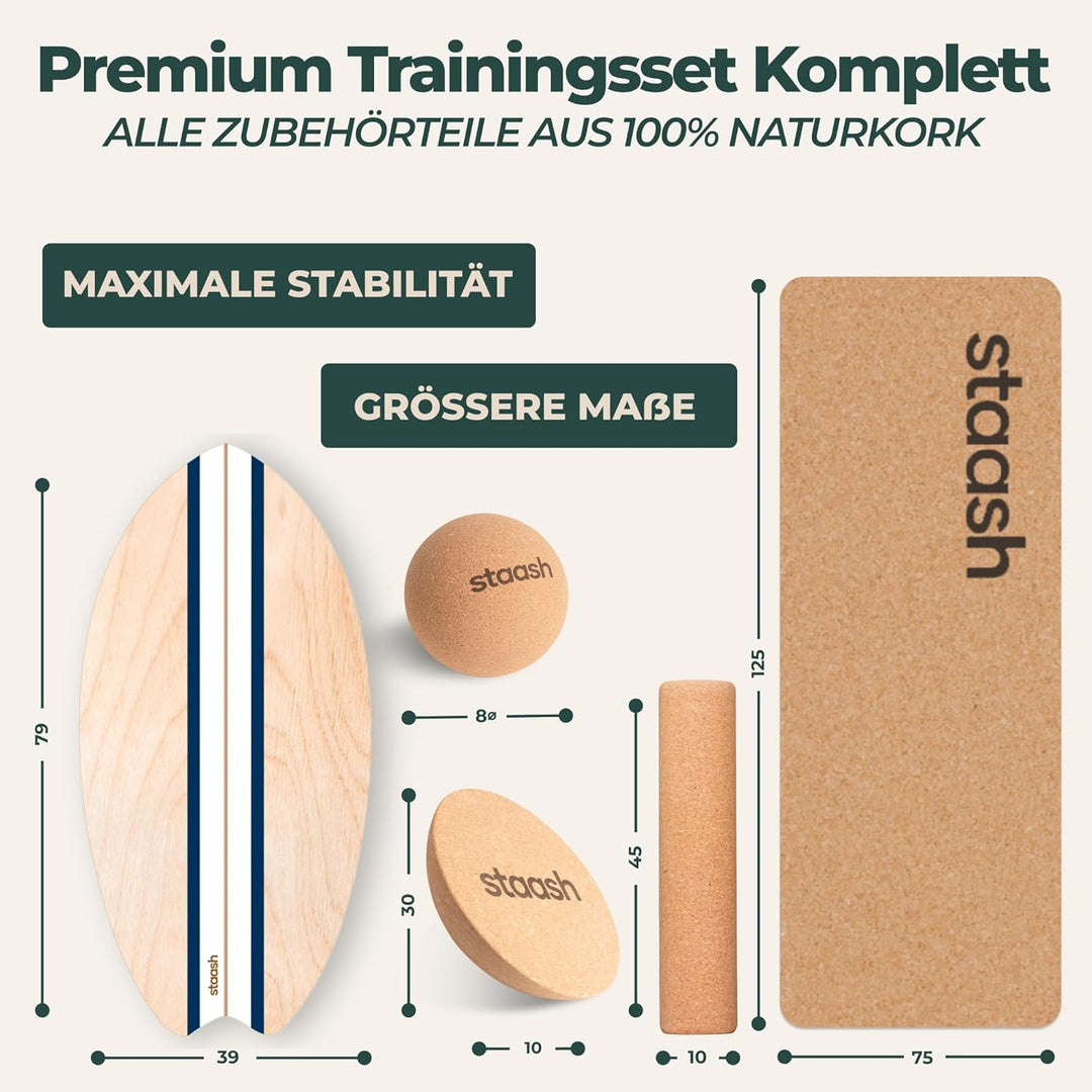 STAASH® Balance Board Holz – Pro Gleichgewichtstrainer inkl. Schutzmatte, Rolle, Halbkugel, Korkball