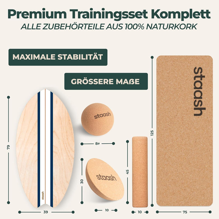 STAASH® Balance Board Holz – Pro Gleichgewichtstrainer inkl. Schutzmatte, Rolle, Halbkugel, Korkball