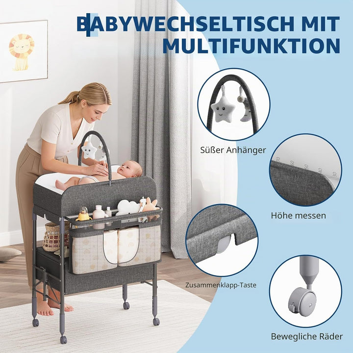 Wickeltisch Klappbar Mit 2 Schubladen, Höhenverstellbar, Wasserdichte Matte, Platzsparende Wickelkom
