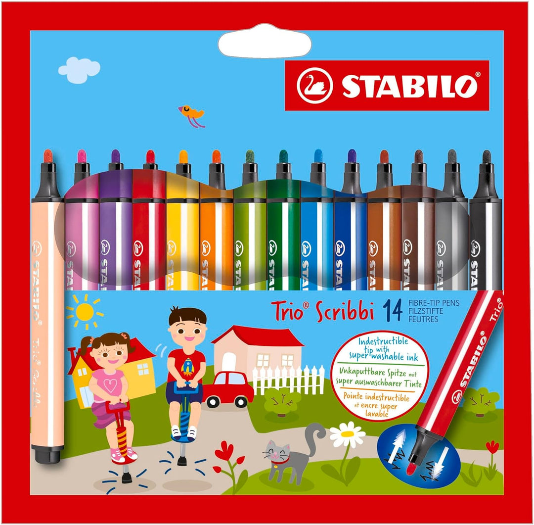 Gefederter Dreikant-Filzstift - STABILO Trio Scribbi - 14er Pack - mit 14 verschiedenen Farben, 14er