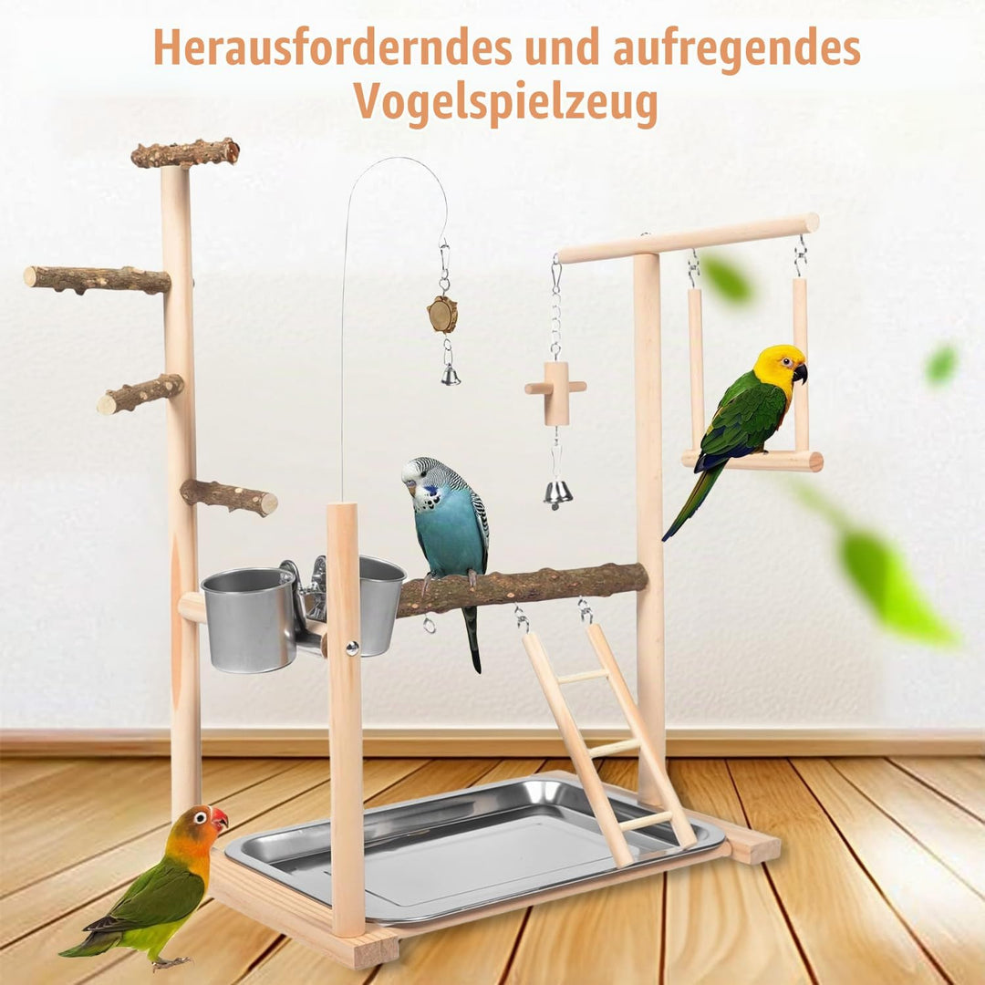Vogel Spielplatz, Holz Wellensittich Spielplatz mit Edelstahl Futterbehälter Papagei Vogelspielplatz