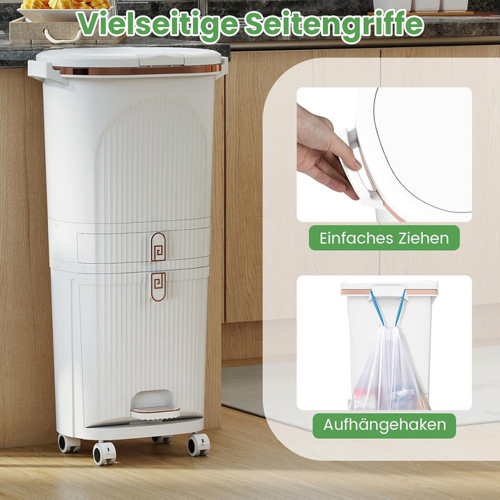 COSTWAY Mülleimer Küche, Mülltrennsystem 3 Fächer, 2 x 12L Inneneimer & 14L Treteimer, Abfalleimer m