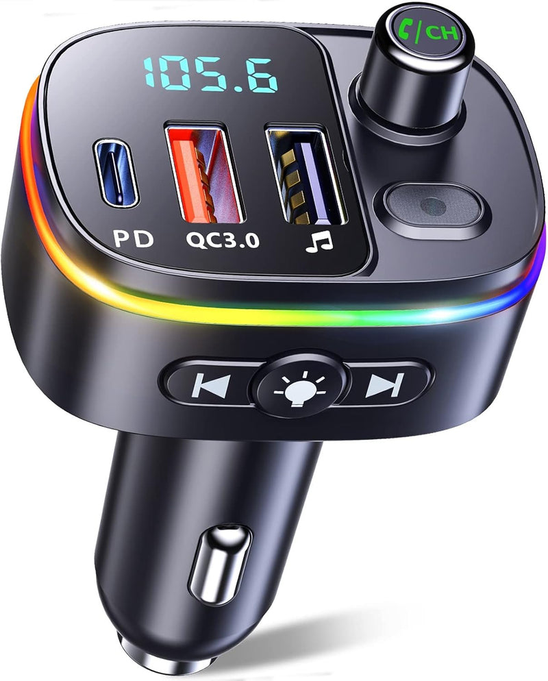 Mohard Bluetooth Adapter Auto, PD 18W&QC3.0 FM Transmitter Auto, 9 RGB Beleuchtungsmodi, 3 USB Ansch