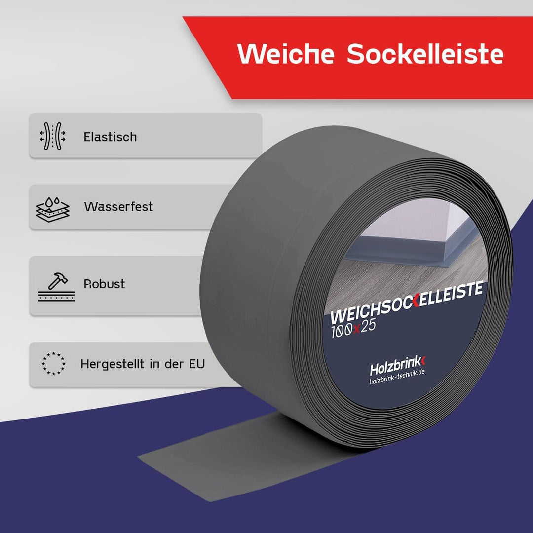 HOLZBRINK Weichsockelleiste PVC 100x25mm, 5 m | Wandleiste ohne Klebestreifen für Küche, Garage, Flu