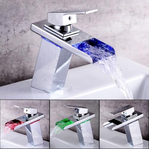 LED Wasserfall Wasserhahn, RGB 3 Farbewechsel Waschtischarmatur Bad Waschbecken mit Temperatursensor