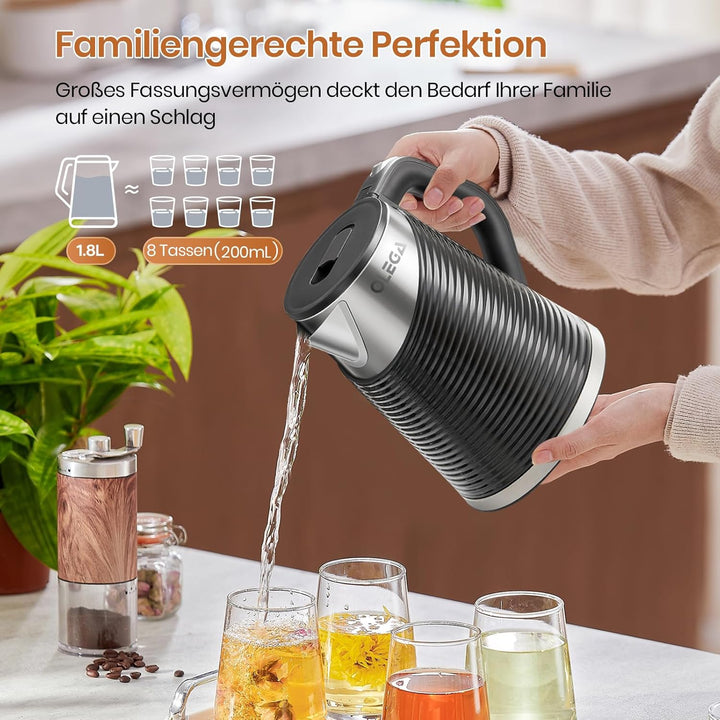 OLEGA Wasserkocher für kochendes Wasser, 1800 W, schnell kochender Heisswasserkessel, 1,8 l tragbare