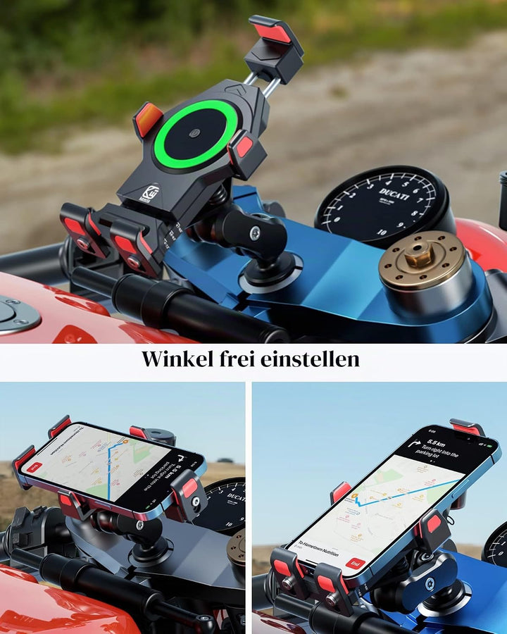 BRCOVAN Aluminiumlegierung Motorrad Gabelschaft Handyhalterung mit Qi 15W Drahtloses Ladegerät und V