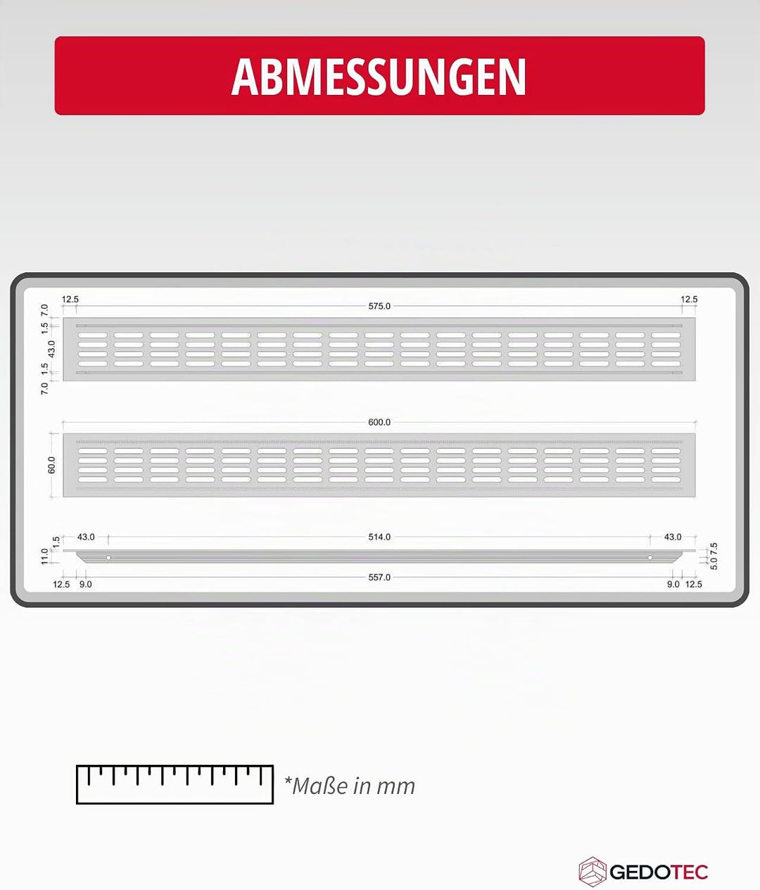 Gedotec Lüftungsgitter eckig aus Aluminium | 1 Stück Abluft-Gitter Edelstahl-Finish 600 x 60 mm | Tü