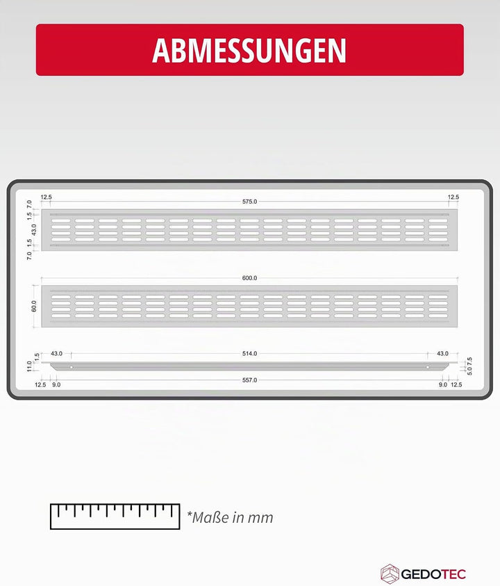 Gedotec Lüftungsgitter eckig aus Aluminium | 1 Stück Abluft-Gitter Edelstahl-Finish 600 x 60 mm | Tü