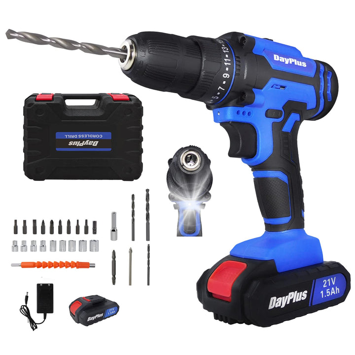 Elektrischer Akku-Bohrer 21-Volt-Bohrer, Treiber mit Bits Set, 3/8-Zoll Keyless Chuck, 25+1 Drehmome