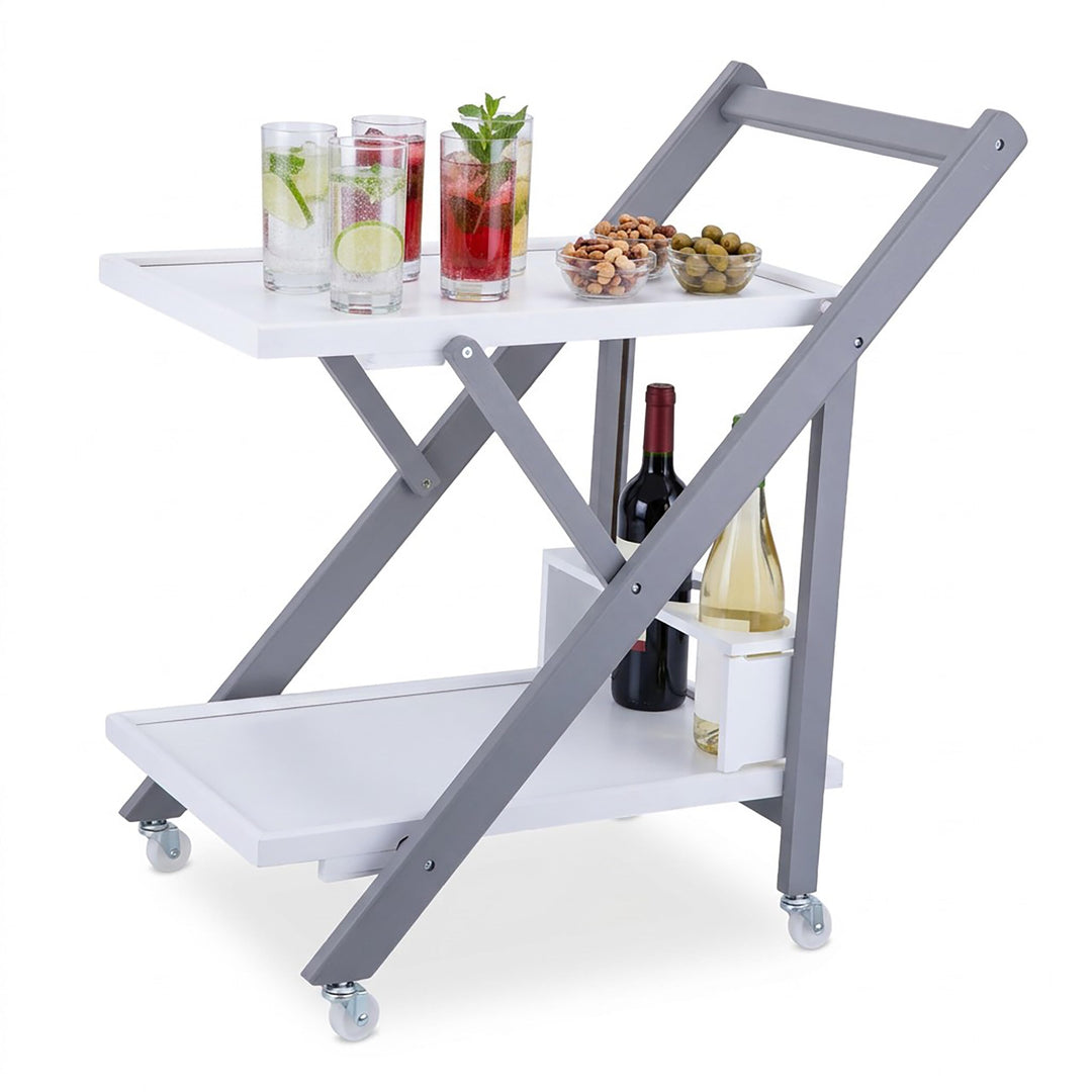 Relaxdays Servierwagen Bambus, Küchenwagen klappbar, Flaschenhalter, Rollwagen 2 Etagen, HBT: 70x44x