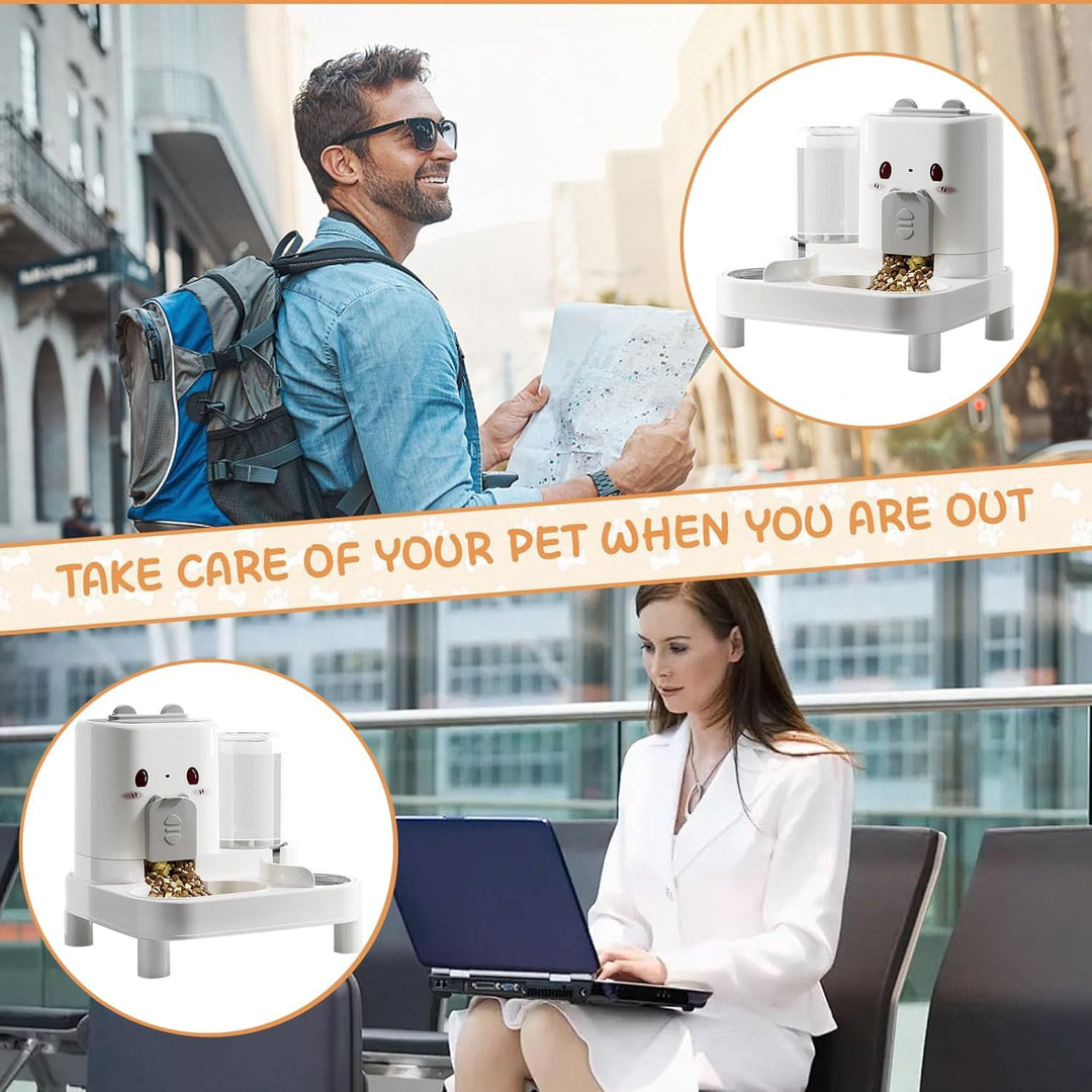 Wasserspender Futterspender für Katze und Hund, 2-In-1 Automatischer Trockenfutterspender, Automátic