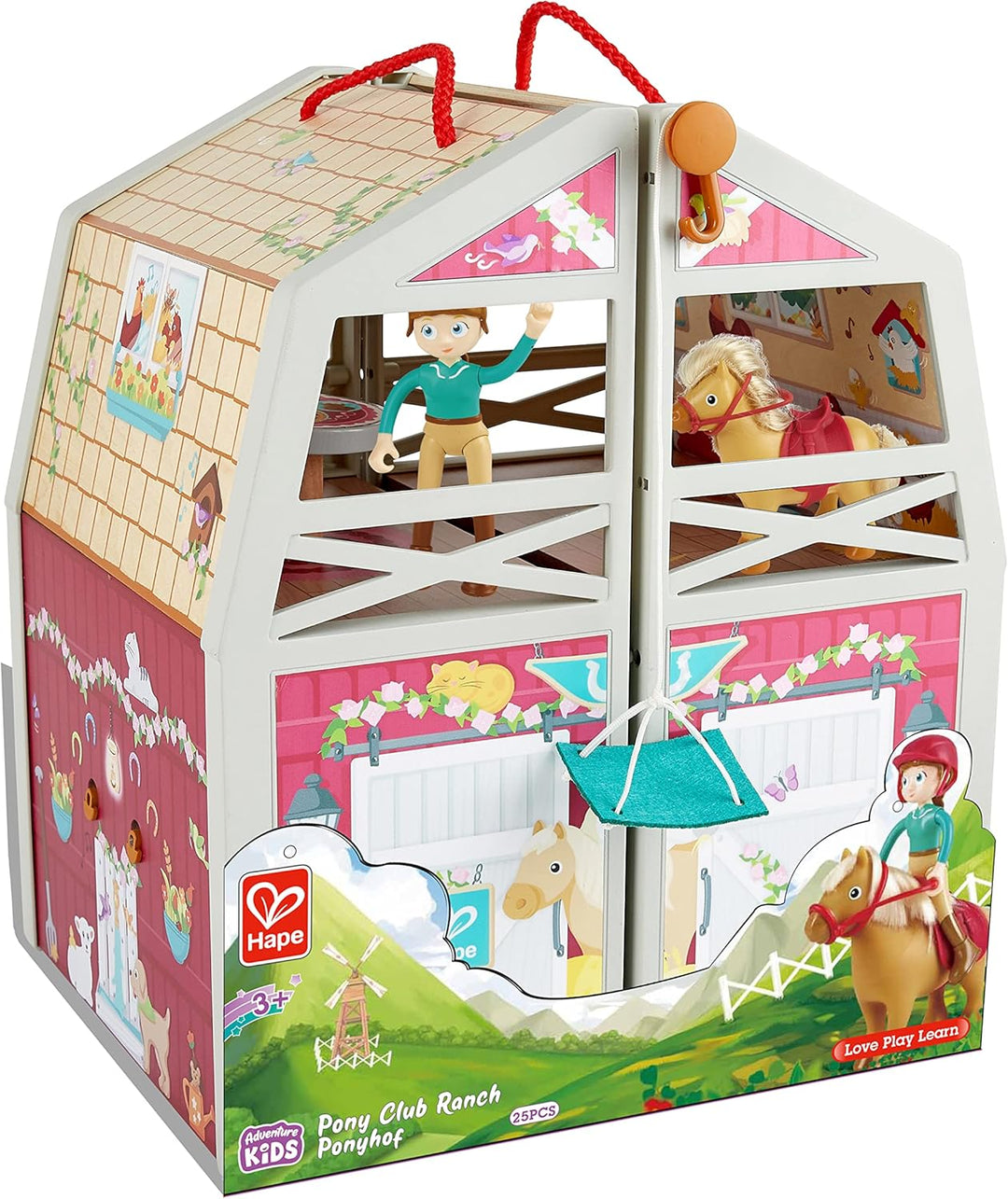 Hape International Hape International Hape Ponyhof | Reiterhof mit viel Zubehör, faltbar zum Mitnehm
