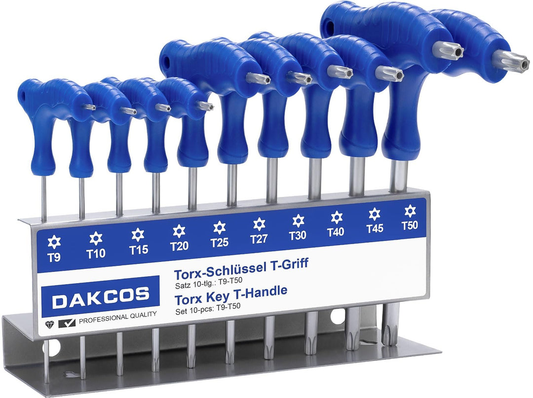 DAKCOS 10 tlg Torx Schlüssel Set mit T-Griff Torx-Stiftschlüssel mit Stirnlochbohrung für Innen-TORX