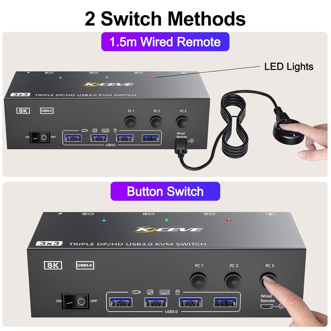 KVM Switch 3 PC 3 Monitore 8K@60Hz, 4K@144Hz, Triple Monitor KVM Switch 2 Displayport + 1 HDMI Teile