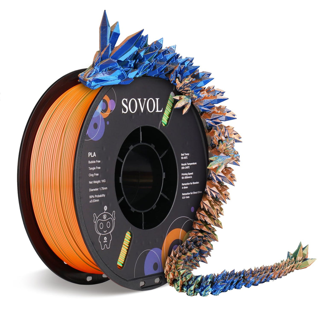 Sovol Silk PLA Filament Seiden Tri-Color Co-Extrusion 1.75mm - 1kg (2.2lbs) - Dreifarbig Blau, Grün