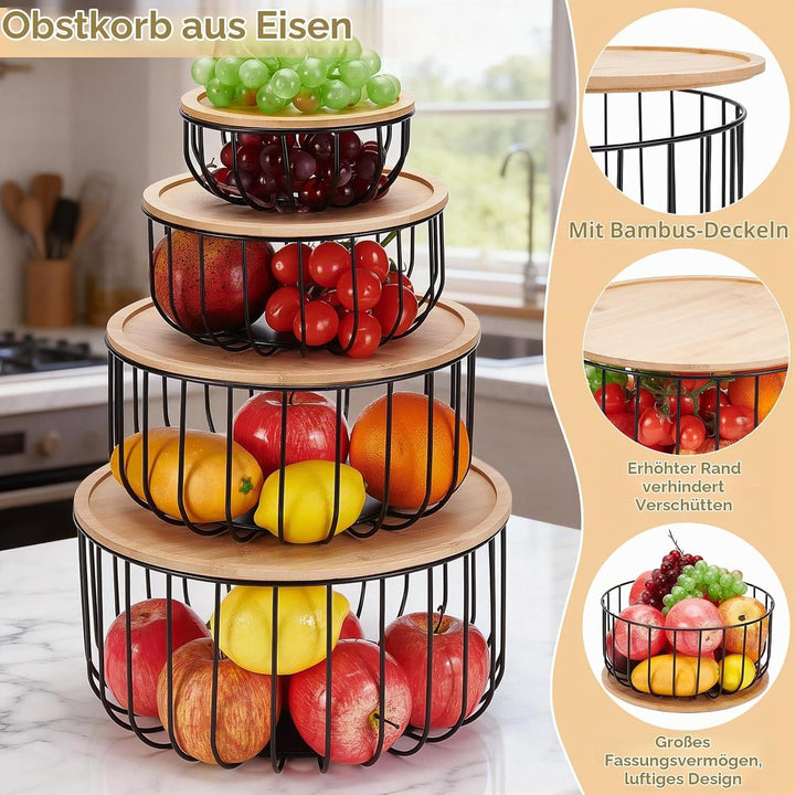 4 Stück Obstkorb Für Die Küchentheke Runder Obstkorb (4 Grösse) Mit Holzdeckel Küchenabfalleimer Für