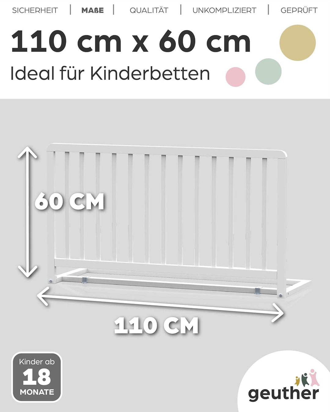 Geuther Bettschutzgitter Lissi Extrahoch: 60 cm - 110 cm lang in Weiss – Sicheres Bettgitter für Kle