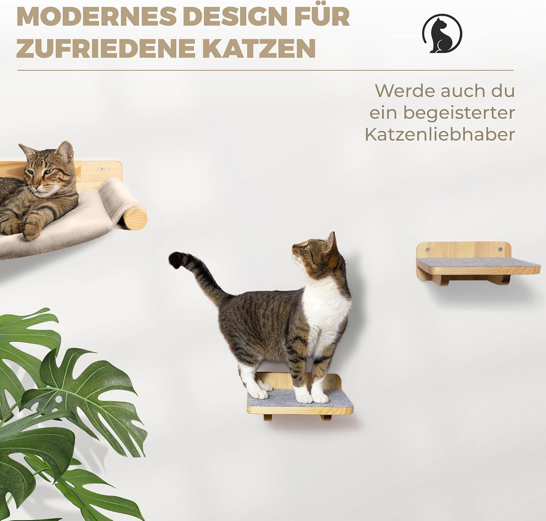 WOOWOOD® Kletterwand Katzen inkl. 2X Katzentreppe Wand [Massivholz] I Kratzbaum Wand I Hängematte Ka