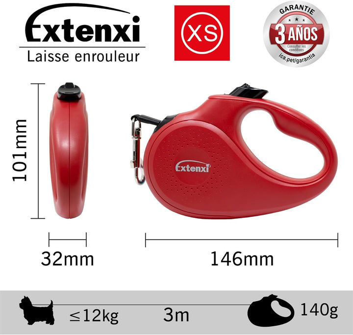 Extensi Hundeleine, einziehbar, bis 15 kg, Länge 5 m, Grösse S, ergonomischer und sicherer Griff rot