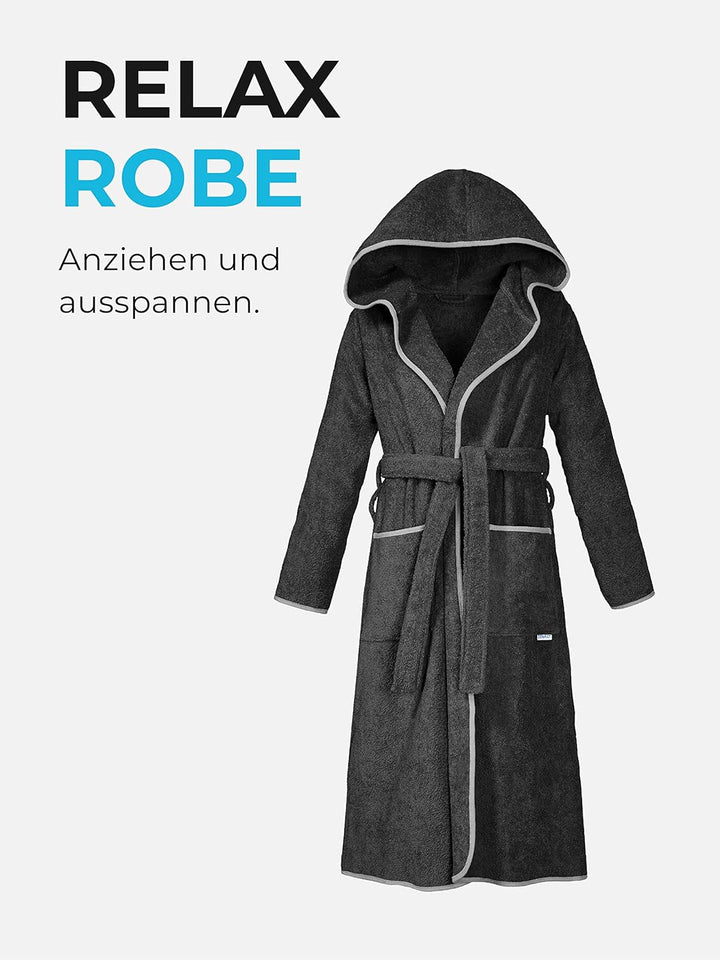 Sowel® Bademantel Damen und Herren, 100% Bio-Baumwolle, Extra Lang mit Kapuze, Morgenmantel, Flausch