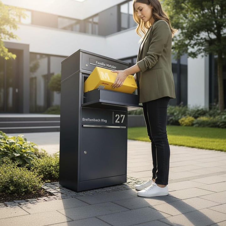 Metzler Paketbox draussen gross in Anthrazit - Briefkasten mit Paketfach personalisiert mit Gravur -