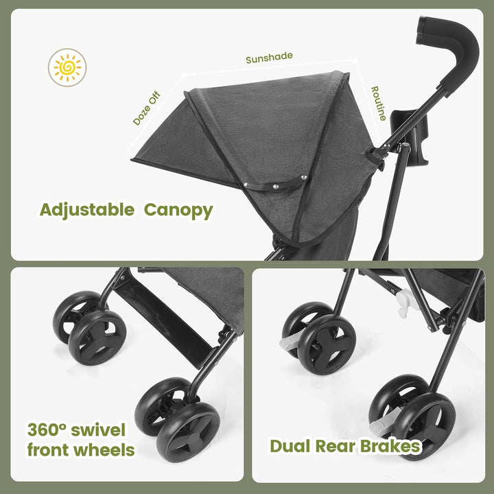 Einhändig klappbarer, leichter Kinderwagen, grosser Aufbewahrungskorb, Verdeck, Getränkehalter, komp