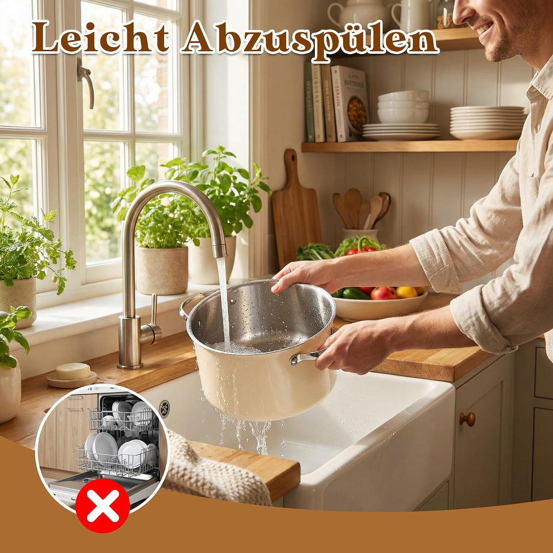 Edelstahl Kochgeschirr-Set Keramikbeschichtet, Beige | Kochtopf, Dampftopf, Suppentopf, Antihaftbesc