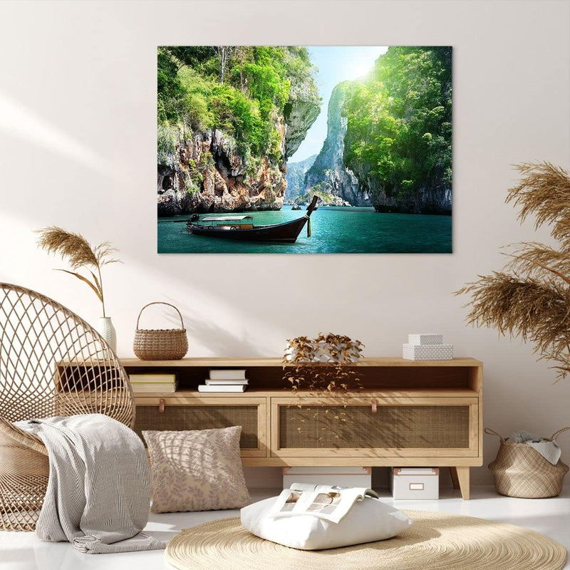 Bilder auf Leinwand 100x70cm Leinwandbild Boot Klippen Natur Felsen Gross Wanddeko Bild Schlafzimmer