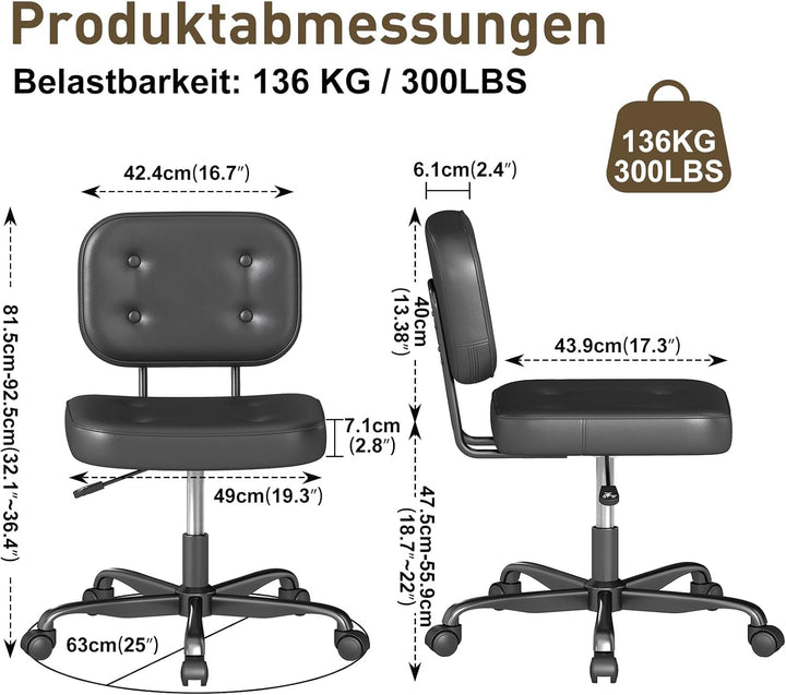 AnyGod Schreibtischstuhl ohne Armlehne für Home Office, Kompakter Drehstuhl mit Rollen &amp; Höhenverste