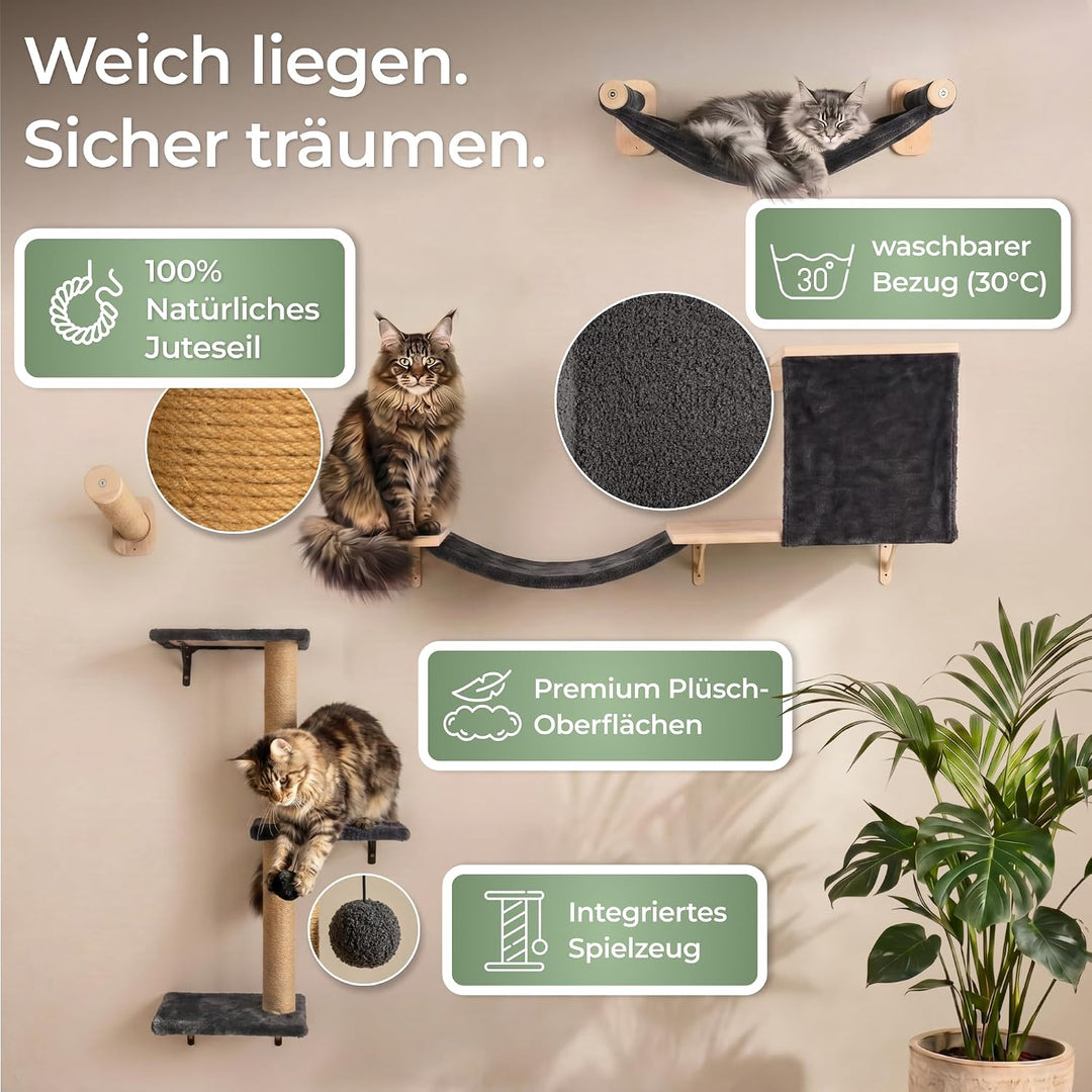 WOOWOOD® Kletterwand Katzen Set inkl. Katzentreppe Wand I Kratzbaum Wand I Hängematte Katze I Wandkr