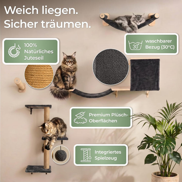 WOOWOOD® Kletterwand Katzen Set inkl. Katzentreppe Wand I Kratzbaum Wand I Hängematte Katze I Wandkr