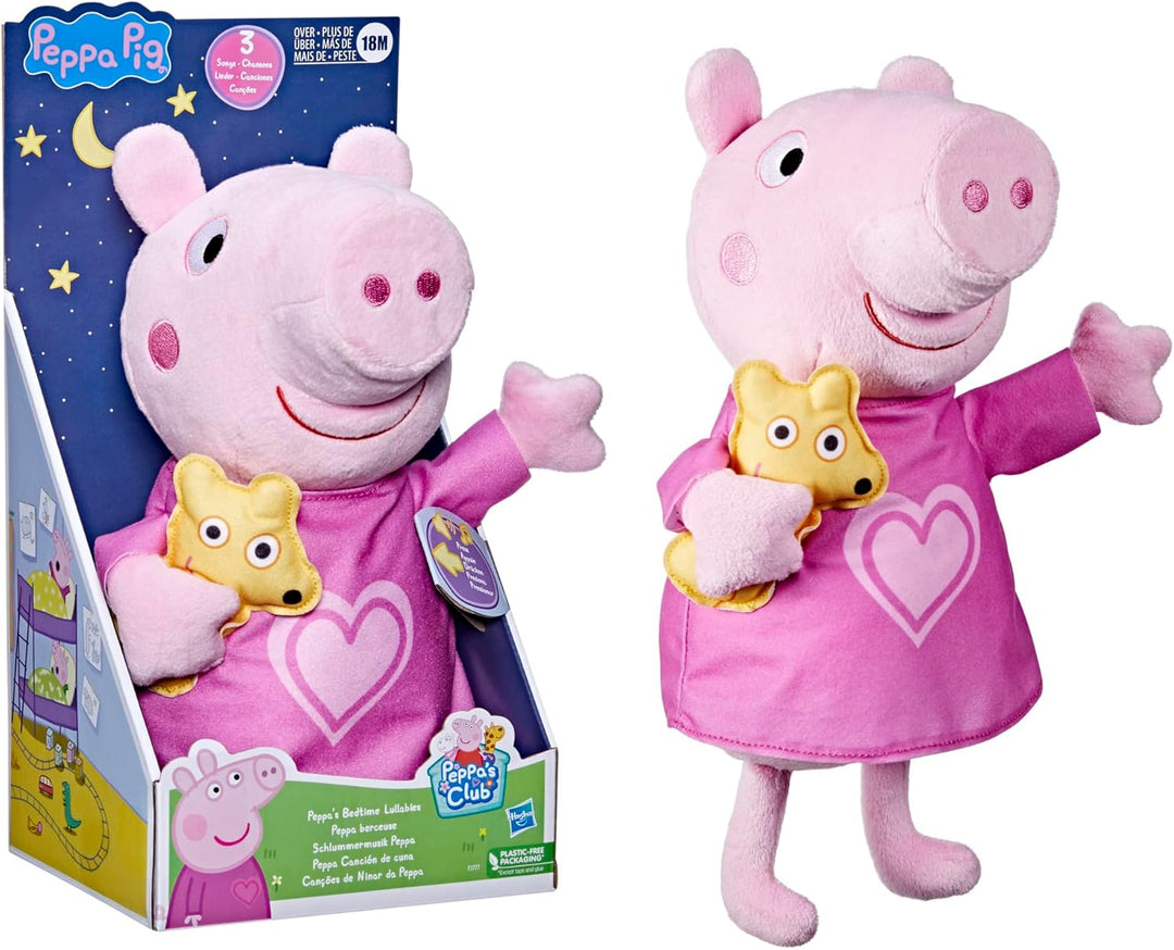 Peppa Pig F3777 Bear Peppa's Bedtime Schlaflieder singende Plüschpuppe mit Teddybär-Zubehör, 3 Liede