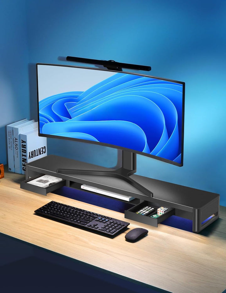 meatanty Dual-Monitorständer mit 2 Schubladen und 4 USB-Anschlüssen, Metall-Monitorständer für 2 Mon