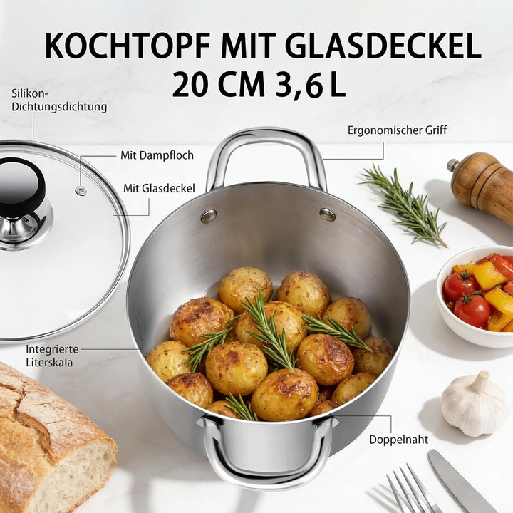 Estmoon Kochtopf 20 cm 3,6L, Edelstahltopf mit Glasdeckel, für alle Herdarten geeignet, auch Indukti