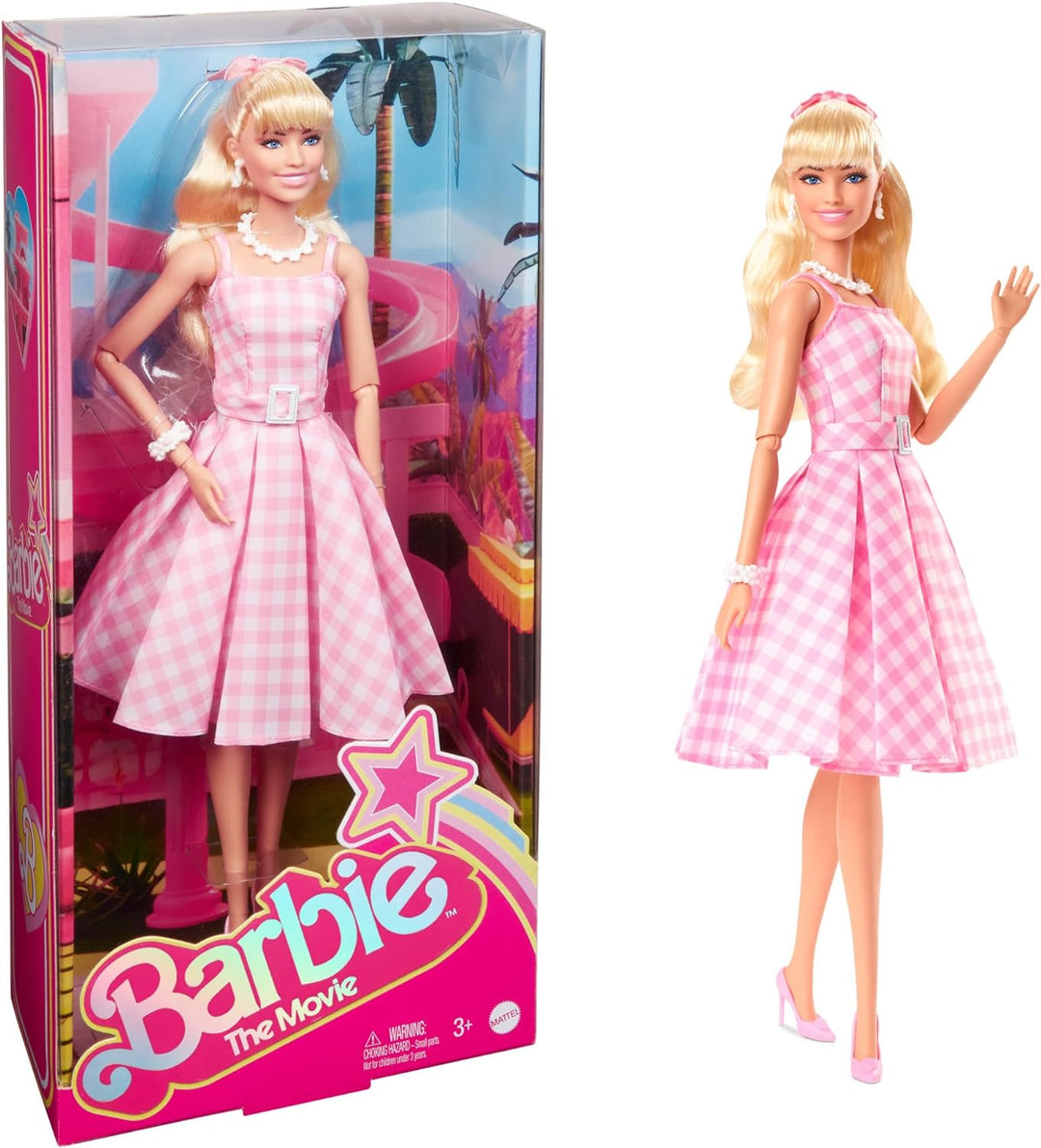 Barbie Puppe, Barbie the movie doll, in rosa weissem Kleid und Gänseblümchen Halskette, Barbie Margo