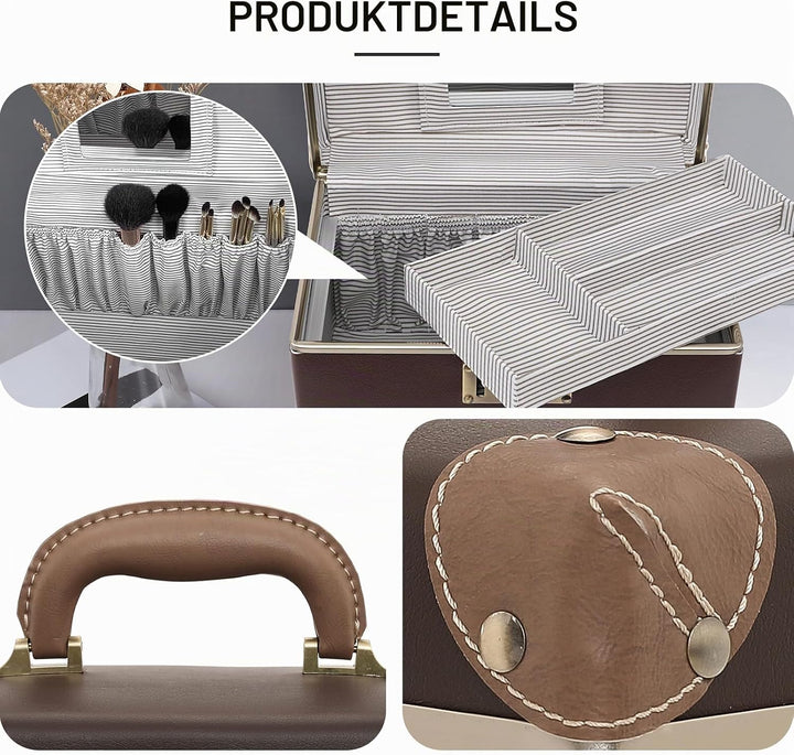 urecity Vintage Leder Kosmetikkoffer mit Spiegel - Hartschale Schminkkoffer für Damen, Reise Make-up