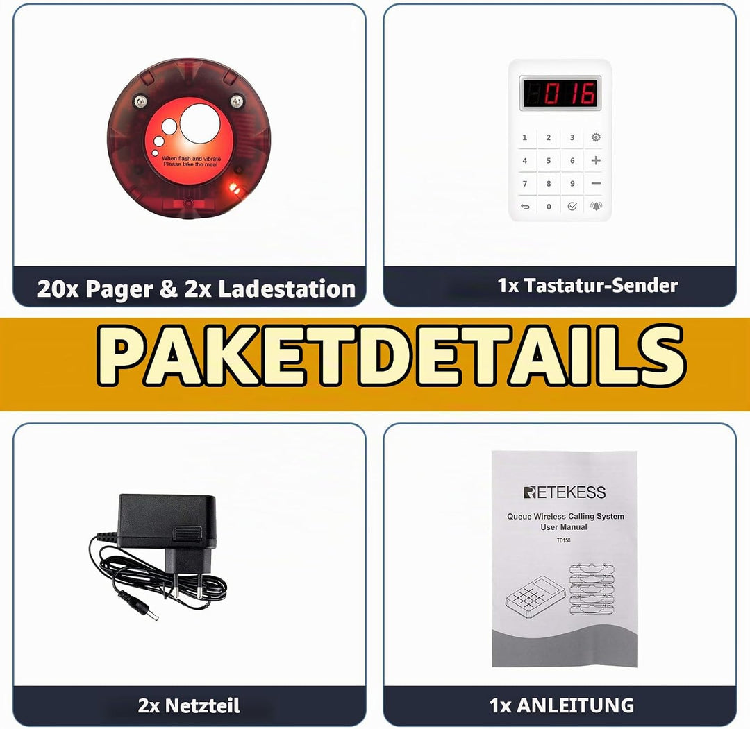 Retekess TD158 Pager Rufsystem, 500M Restaurant Pager System, LED Digitalanzeige, PC Material, Einfa