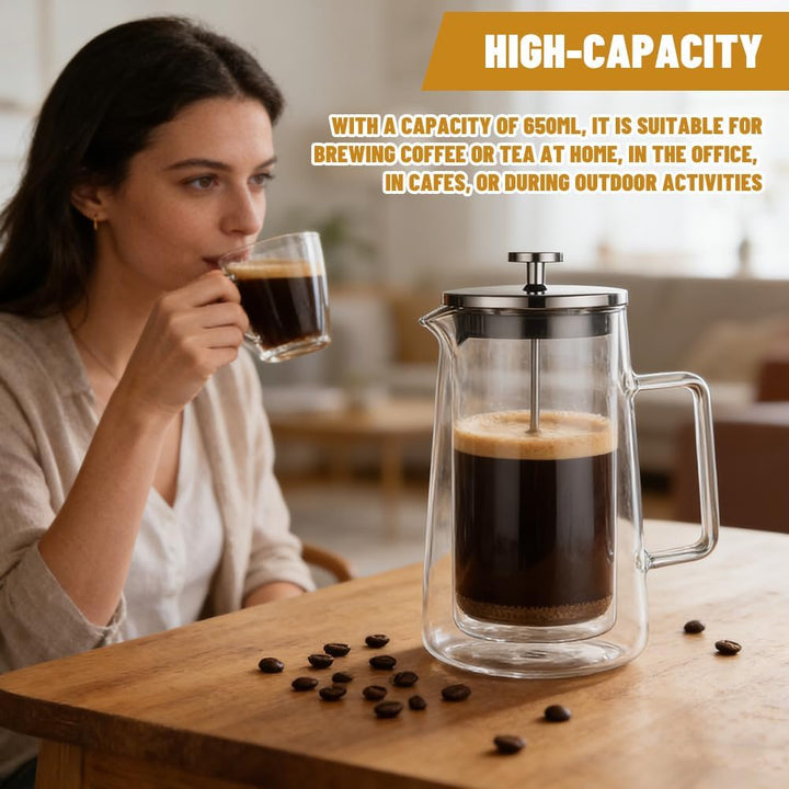 French Press Kaffeebereiter, Glas Kaffeepresse, Kaffeezubereiter für Zuhause, Thermo Doppelwand Desi