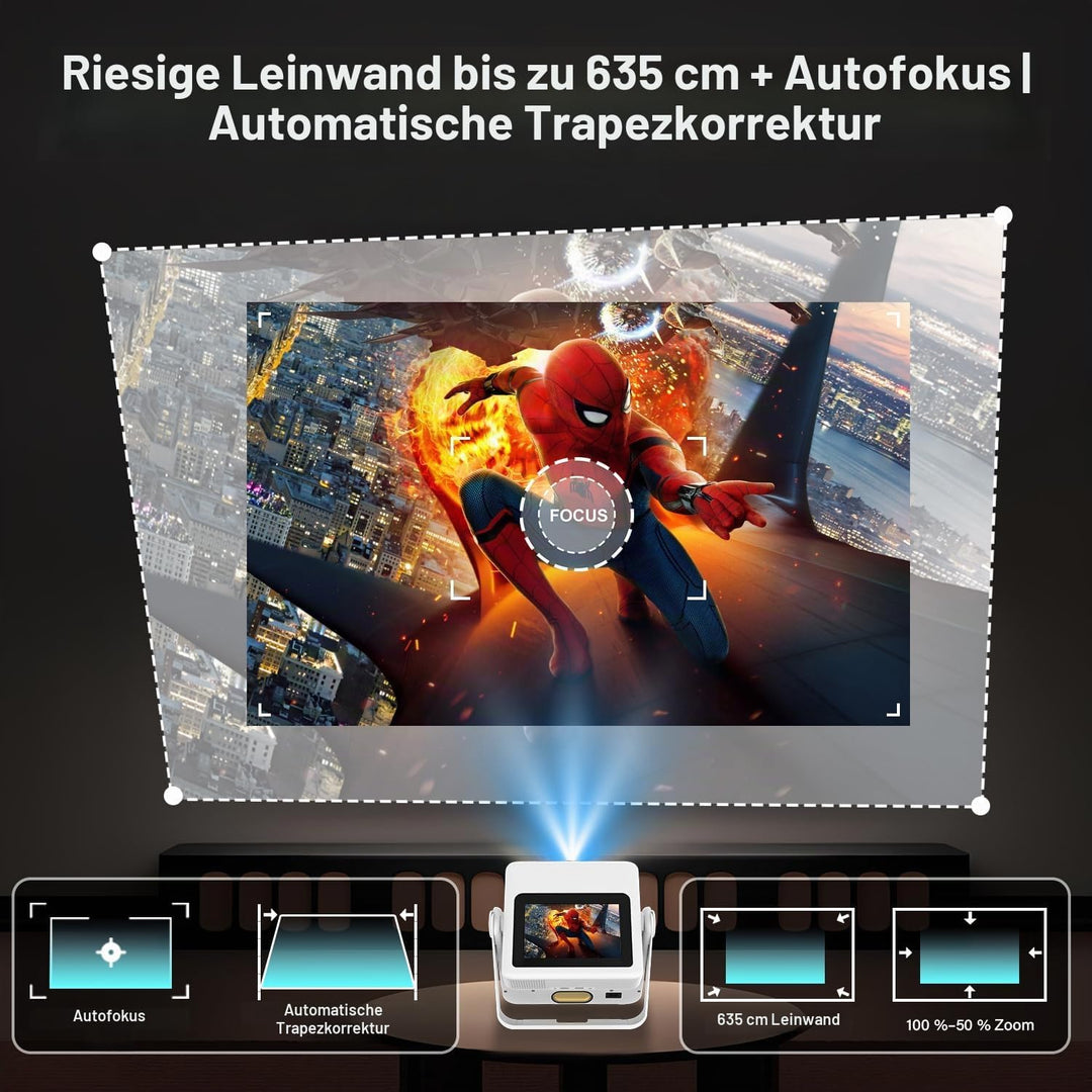 Smart Mini Beamer 4K-Unterstützung mit Touchscreen, 1100ANSI Outdoor Projektor, Autofokus &amp; Trapezko